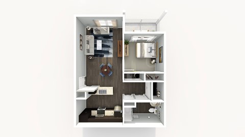 Floor plan for 1 bed, 1 bath, 735 sqft